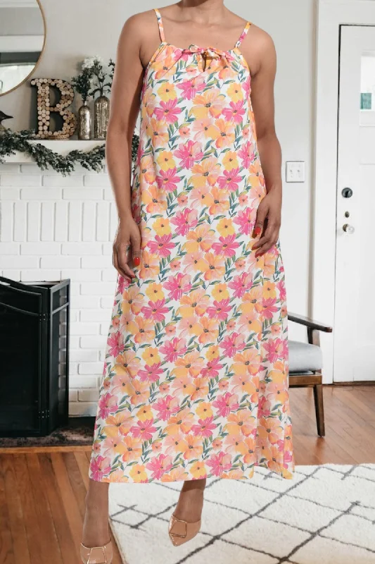 Elegant satin floral maxi dresses-Yellow Floral Strappy Maxi Tie Dress