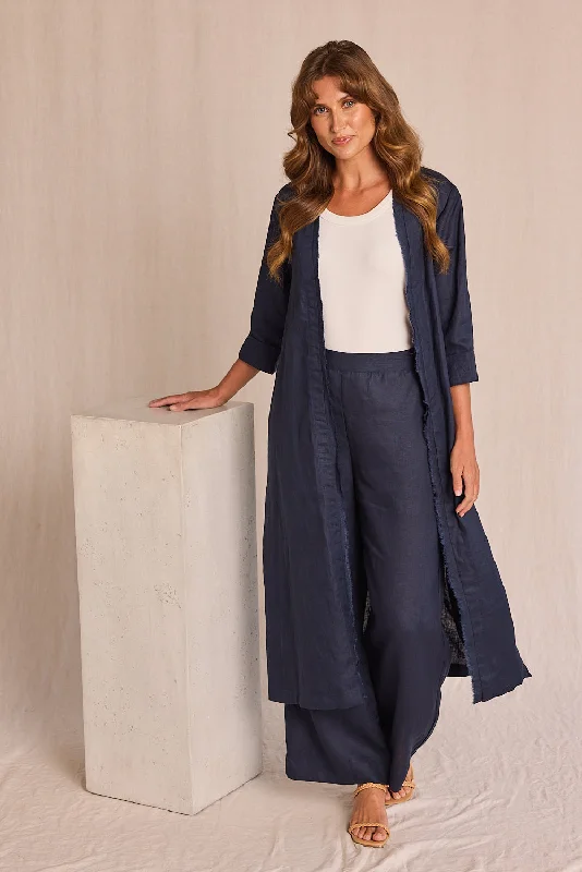 Off-shoulder floral maxi dresses-Long Line Fringed Linen Duster Jacket in Navy