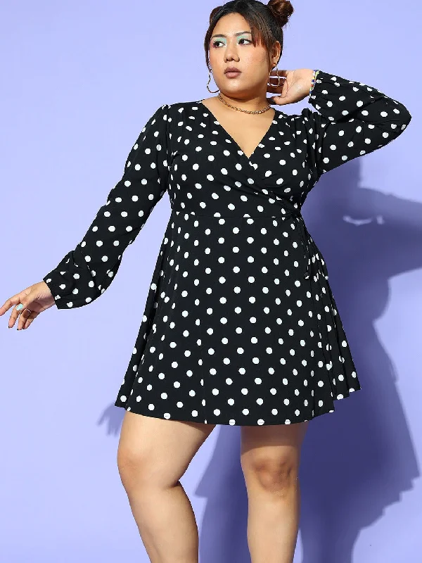 mini dresses-for the fashion-consciousBerrylush Women Plus Size Black & White Polka Dot Printed V-Neck Waist Tie-Up Crepe Flared Wrap Mini Dress