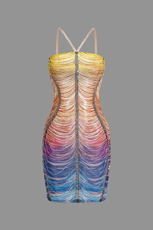 mini dresses-modern trendy wearRainbow Striped Rhinestone Bodycon Mini Dress