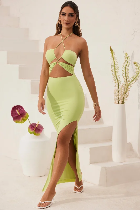 Maxi dresses with pleated skirts-Cut Out Halter Neck Floor Length Maxi Dress in Lime Green