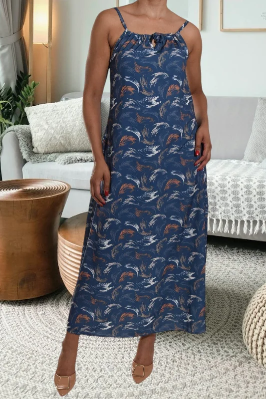 Sexy red satin maxi dresses-Rust Printed  Strappy Maxi Tie Dress