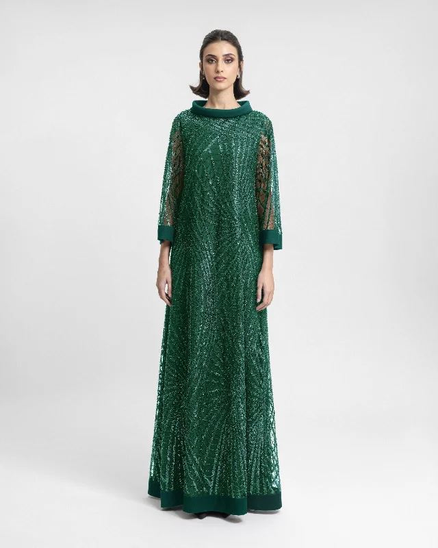 Formal evening satin maxi dresses-Long Beaded Green kaftan