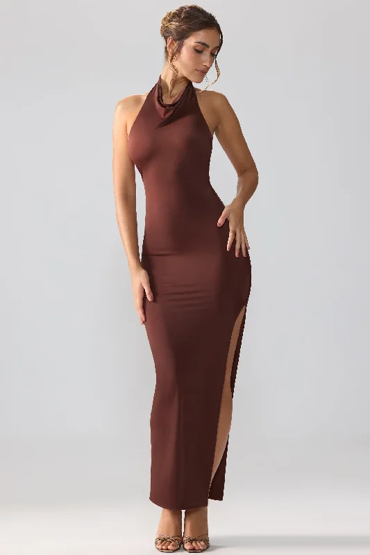 Long sleeve chiffon maxi dresses-Premium Jersey Cowl Neck Backless Maxi Dress in Espresso