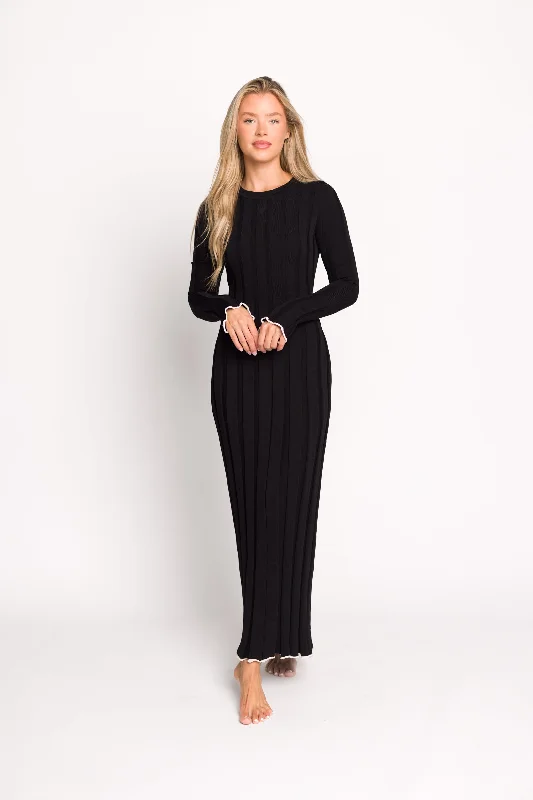 Maxi dresses with a side slit-Bentley Ribbed Knit Maxi Dress with Long Sleeves in Black with White Trim - Bump Friendly