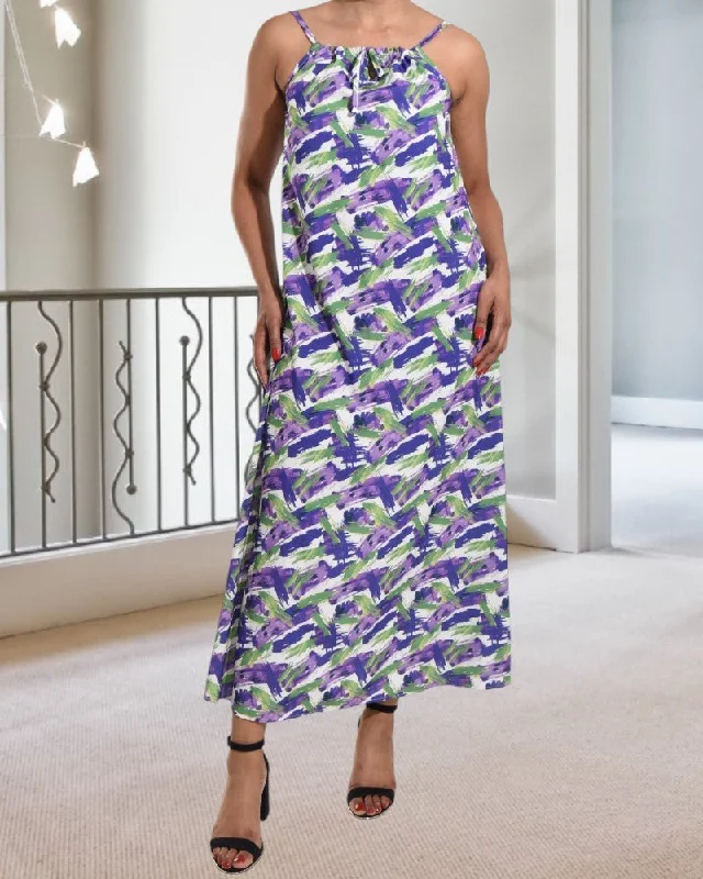 Elegant floral print maxi dresses-Purple And White Strappy Maxi Tie  Dress