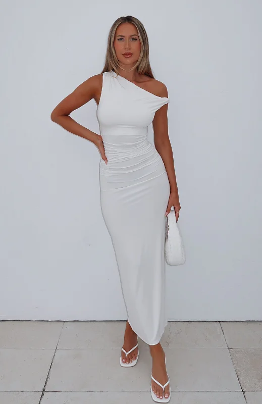 Satin maxi dresses for evening wear-Little Bit Dramatic Maxi Dress White