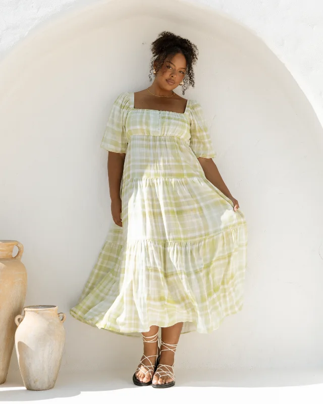 Lace and satin wedding guest maxi dresses-Lotus Maxi Dress | Green Gingham