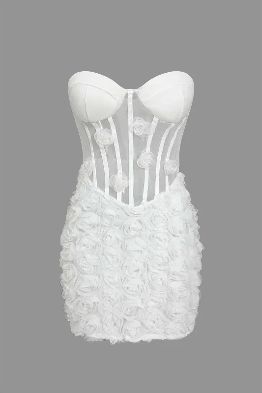 mini dresses-perfect fit for weddings3D Floral Mesh Sheer Strapless Sleeveless Mini Dress