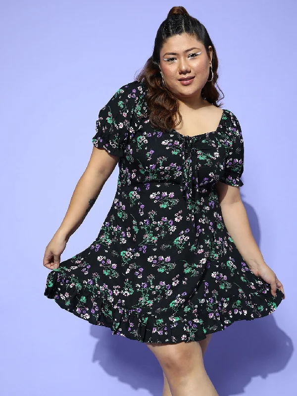 mini dresses-fun day to night lookBerrylush Women Plus Size Black & Green Floral Printed Sweetheart Neck Tie-Up Front Crepe Ruffled A-Line Mini Dress