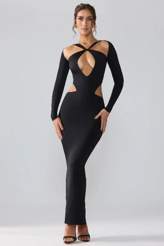 Maxi dresses with a side slit-Premium Jersey Long Sleeve Cut Out Maxi Dress in Black