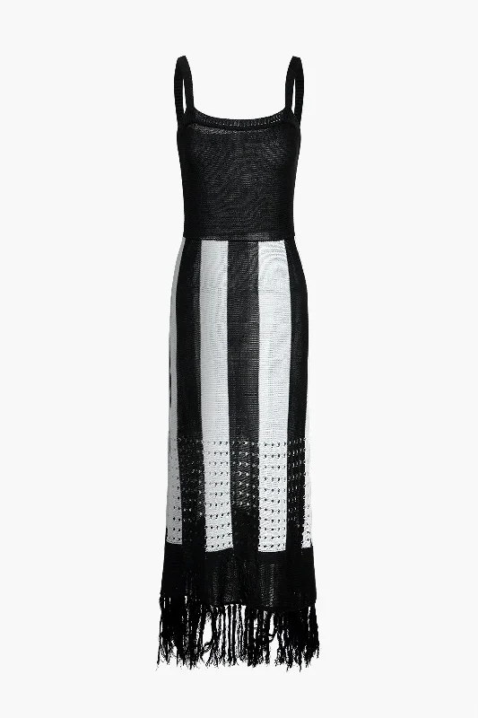 Formal maxi dresses for evening wear-Color Block Print Knit Fringe Maxi Dress