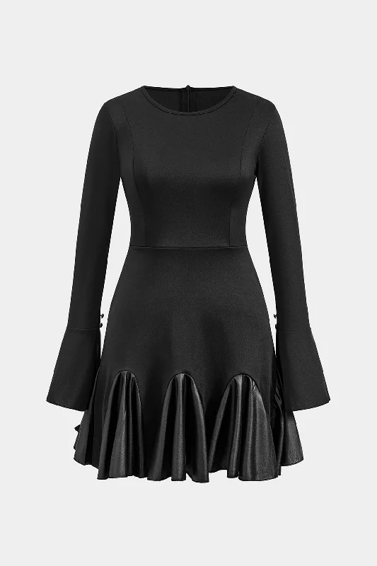 mini dresses-glamorous event outfitFaux Leather Patchwork Round Neck Long Sleeve Mini Dress