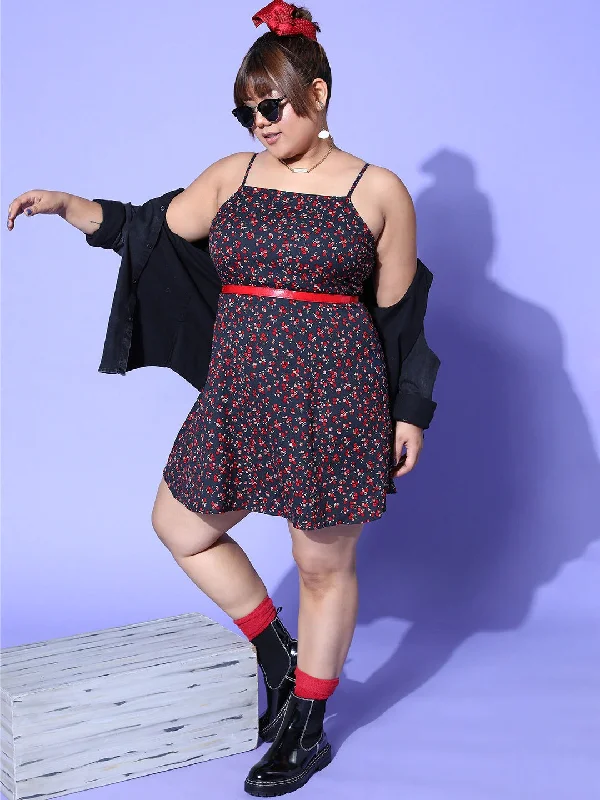 mini dresses-all about eleganceBerrylush Women Plus Size Navy Blue & Red Floral Printed Square Neck Crepe Flared A-Line Mini Dress