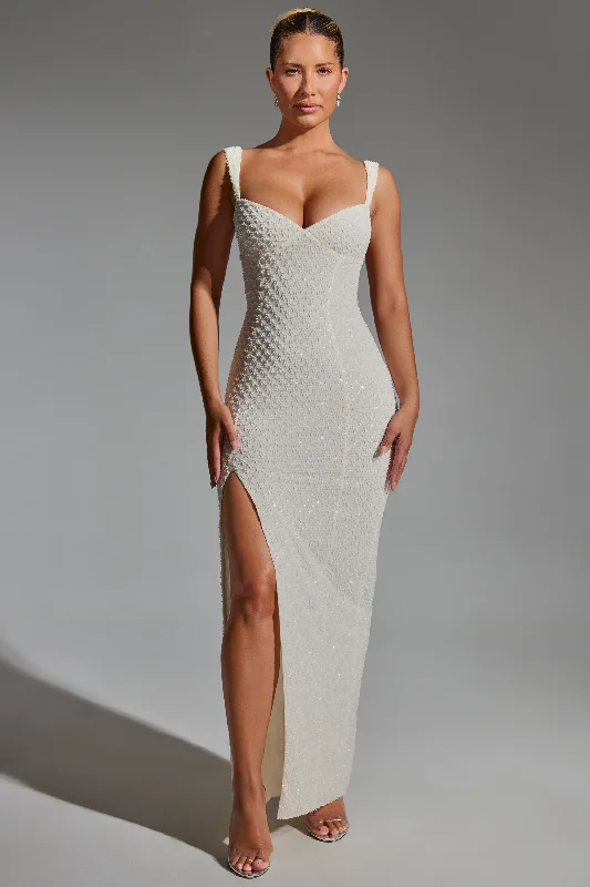 Maxi dresses for holiday parties-Embellished Open-Back Maxi Dress in White