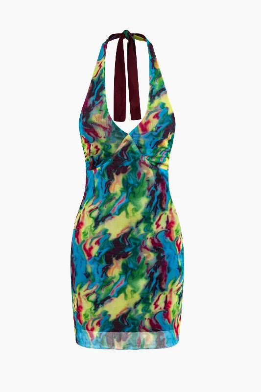 mini dresses-perfect day-to-night outfitTie Dye V-neck Halter Backless Mini Dress