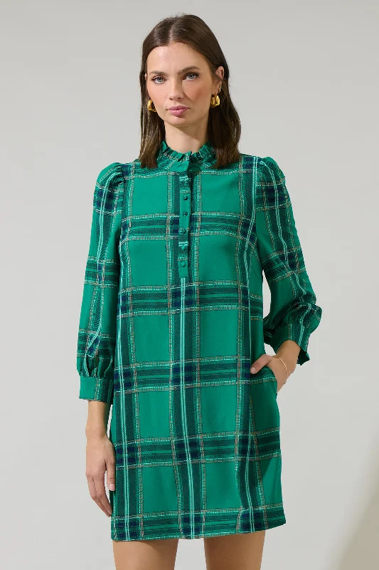 mini dresses-statement color designWoodland Jade Plaid Lorna Shift Mini Dress