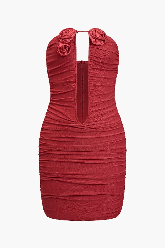 mini dresses-perfect for celebrationsMesh Backless Appliques Ruched V-Neck Mini Dress