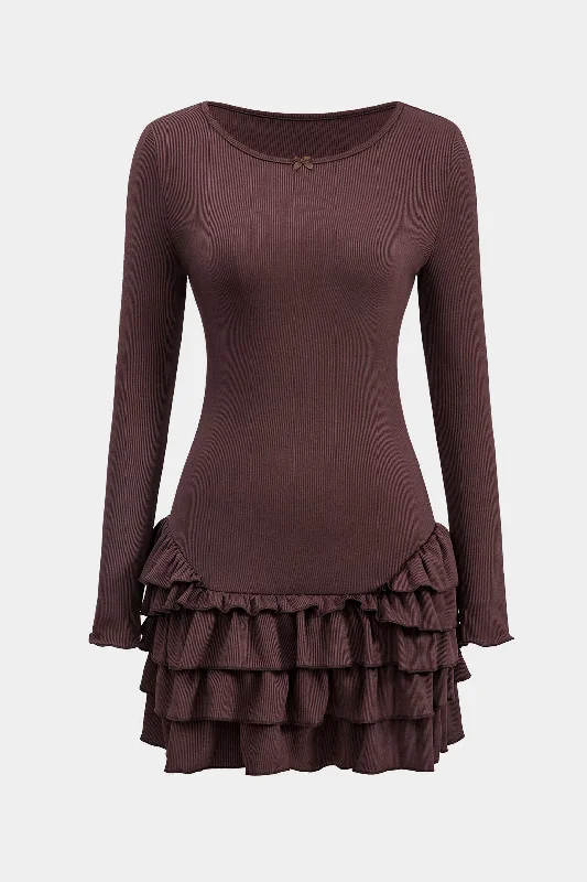 mini dresses-modern fashion statementRuffle Round Neck Long Sleeve Mini Dress