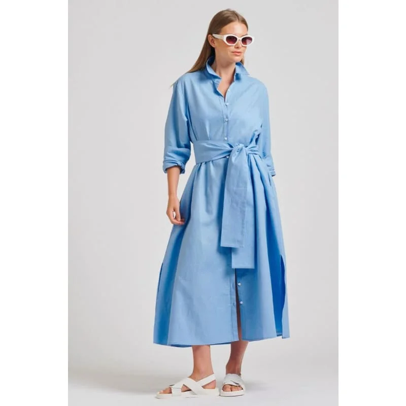 Elegant backless maxi dresses for weddings-The Luna Oversized Linen Long Shirtdress  Provincial Blue