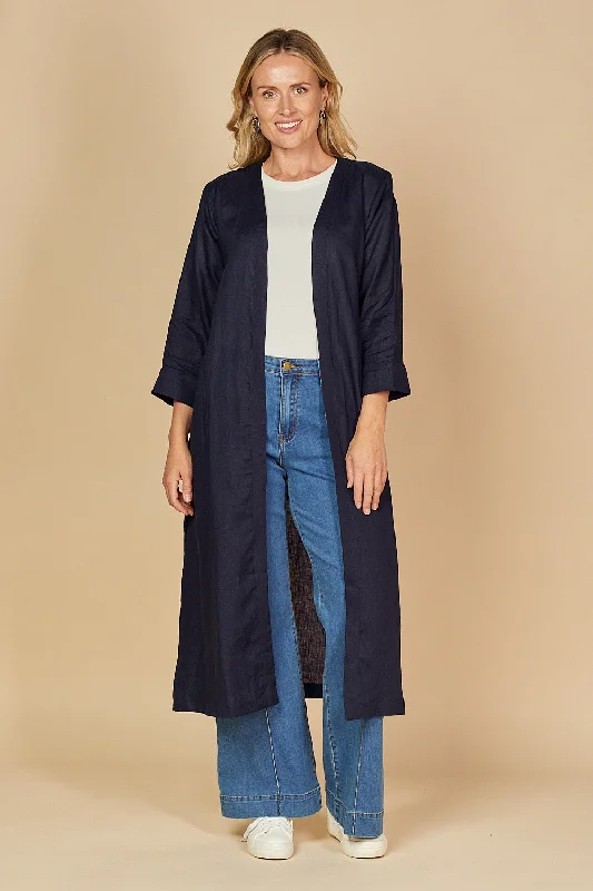 Comfortable floral maxi dresses-Long Line Linen Duster Jacket in Navy