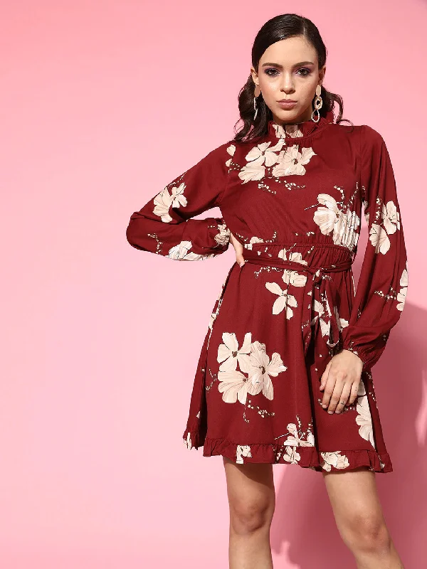 mini dresses-chic party attireBerrylush Women Maroon & Beige Floral Printed Halter Neck Cutout Tie-Up Crepe Ruffled A-Line Mini Dress