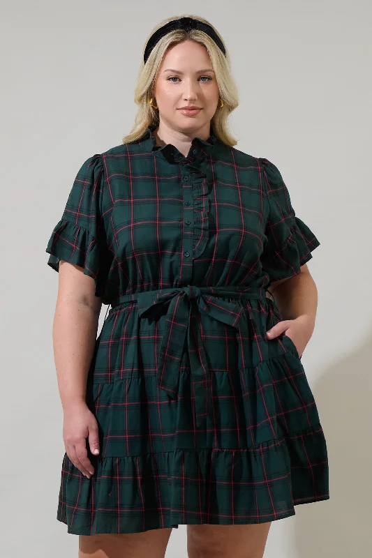 mini dresses-perfect for wedding seasonBrook Plaid Cottonwood Ruffle Button Down Mini Dress Curve