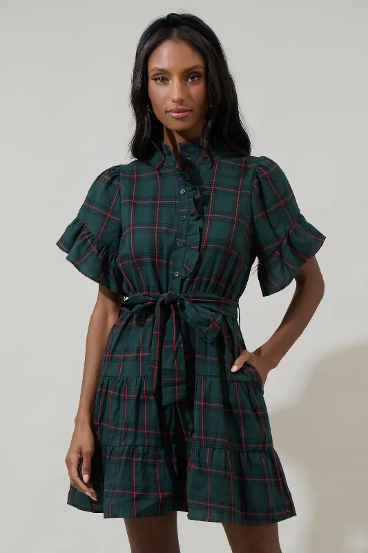 mini dresses-casual day chic lookBrook Plaid Cottonwood Ruffle Button Down Mini Dress