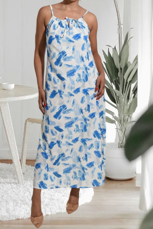 Summer maxi dresses for beach resorts-Blue Printed Strappy Maxi Tie Dress