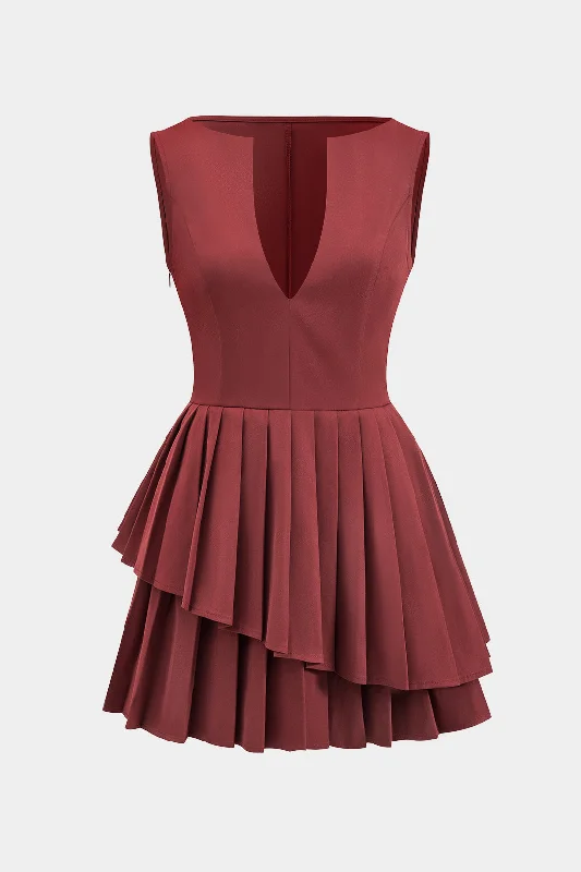 mini dresses-perfect for casual weddingsSleeveless V-neckline Pleated Mini Dress