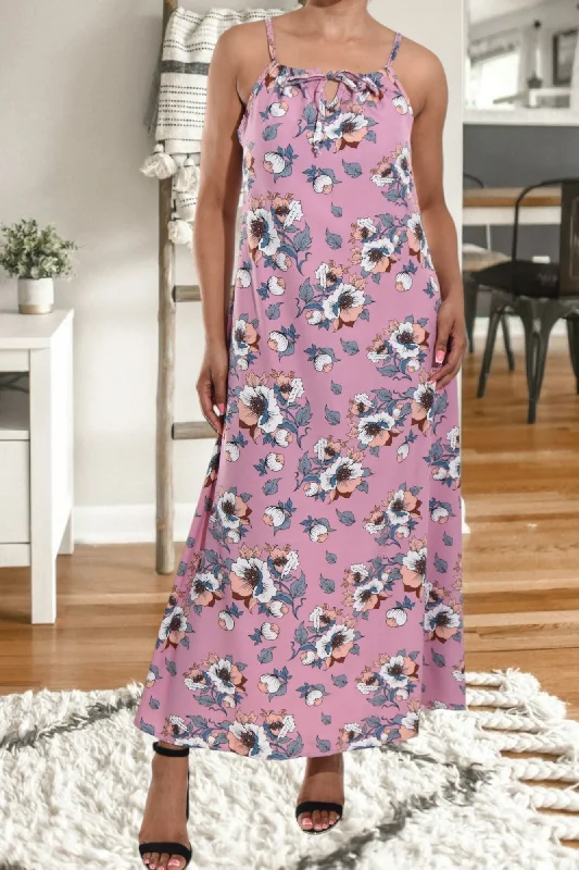 Formal cotton maxi dresses-Pink Floral Strappy Maxi Dress