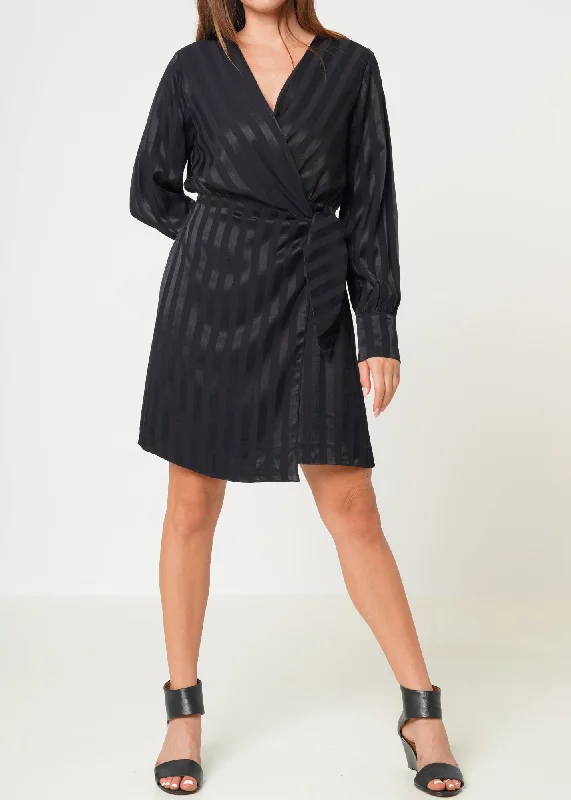 mini dresses-for wedding eventsStripe Satin Long Sleeve Mini Dress in Black