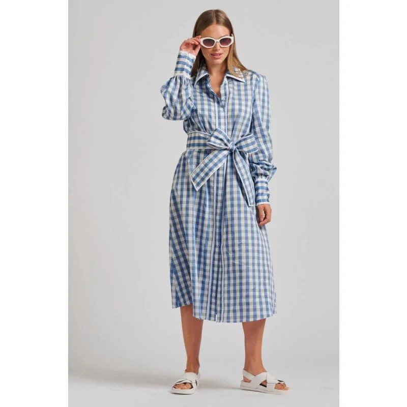 Formal floral maxi dresses for events-The Octavia Longline Shirtdress | Pale Blue Gingham