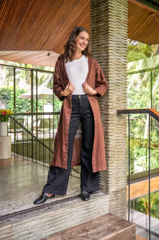 Casual maxi dresses with belt-Long Line Linen Duster Jacket in Raisin