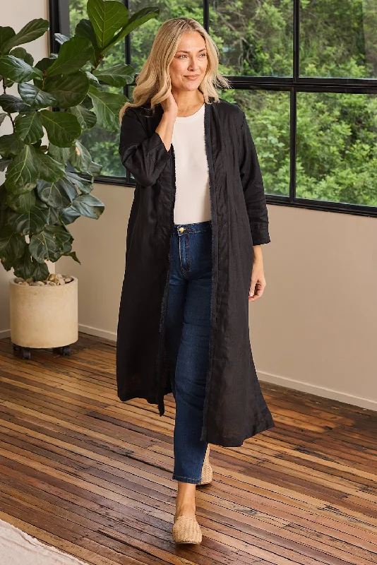 Sexy bodycon long maxi dresses-Long Line Fringed Linen Duster Jacket in Black