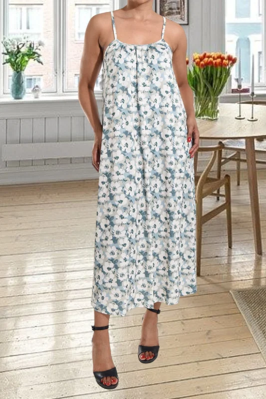 Floral silk maxi dresses-Green And White Floral Strappy Maxi Dress