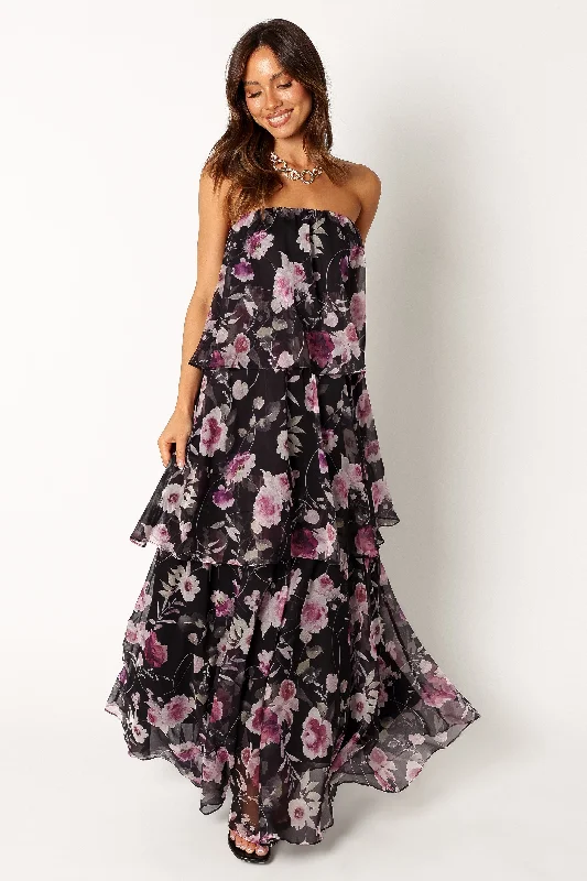 Long sleeve velvet maxi dresses-Bloom Strapless Maxi Dress - Black Floral