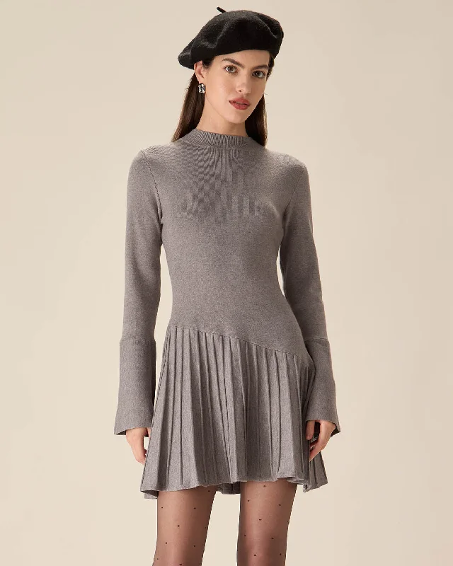 mini dresses-glamorous wedding attireGrey Mock Neck Bell Sleeve Sweater Dress