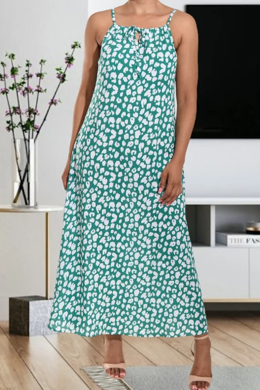 Wedding guest formal maxi dresses-Green And White Strappy Maxi Dress