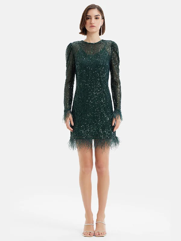 mini dresses-perfect for hot nightsSequin Shift Dress With Feathers