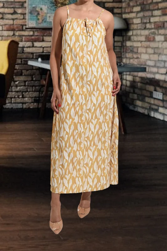 Trendy satin evening maxi dresses-Mustard Floral Strappy Maxi Tie Dress