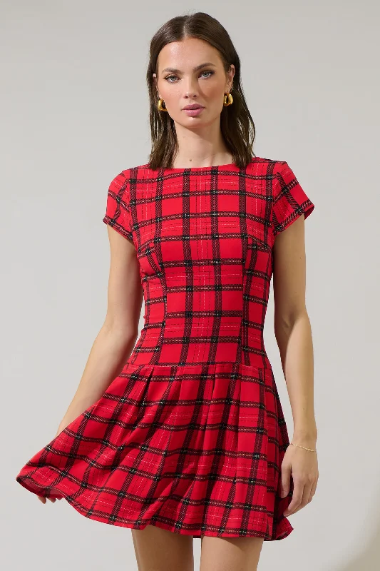 mini dresses-all-day comfort wearWoodland Red Plaid Mali Pleated Mini Dress