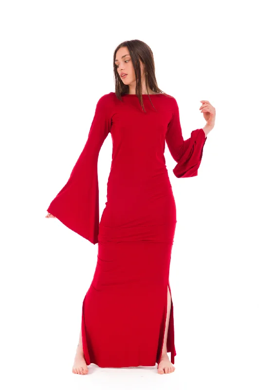 Trendy satin evening maxi dresses-ANGEL WING SLEEVE DRESS TOP CLARET