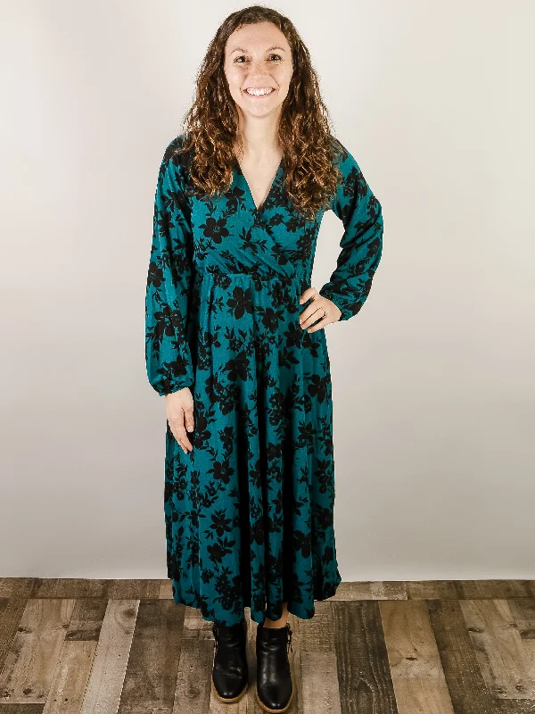 Boho floral maxi dresses-Teal with Black Floral Print Maxi Dress