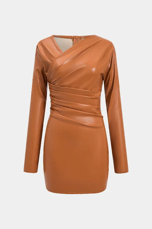 mini dresses-modern chic mini dressFaux Leather Ruched V-Neck Long Sleeve Mini Dress