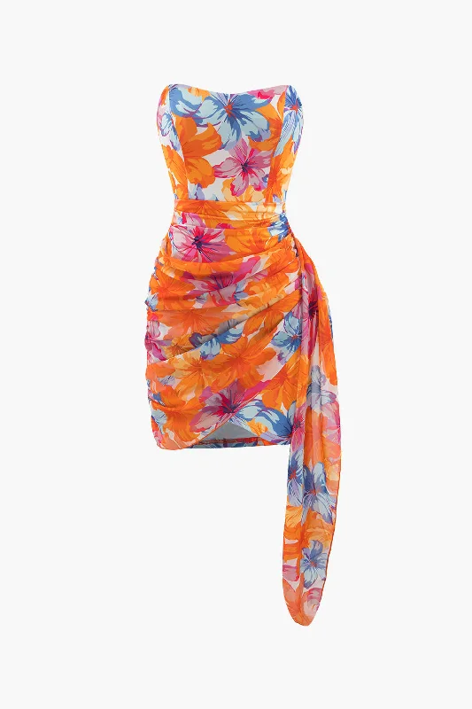 mini dresses-chic vacation getawayFloral Print Wrap Ruched Strapless Mini Dress