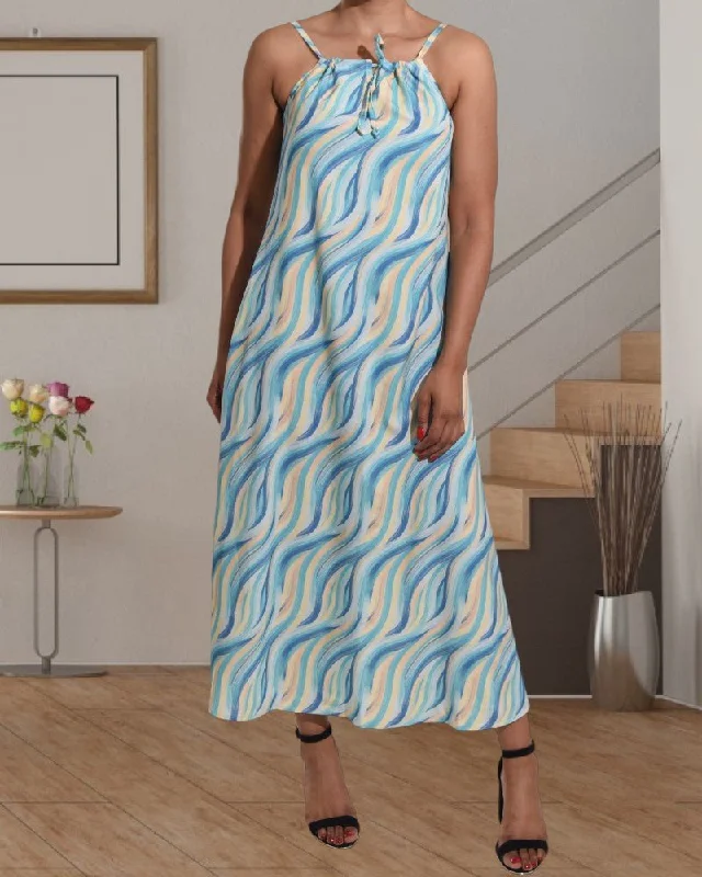 Sexy maxi dresses with open back-Teal Pattern Strappy Maxi Tie Dress