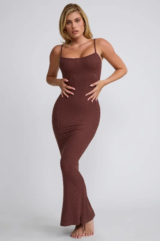 Sexy v-neckline maxi dresses-Ribbed Modal Square Neck Maxi Dress in Chocolate