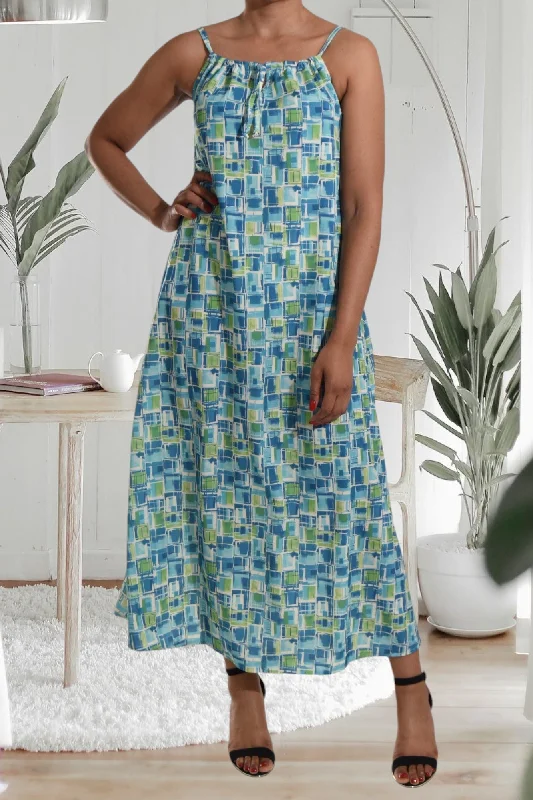 Maxi dresses for dinner parties with friends-Teal And Lime Strappy Maxi Tie Dress