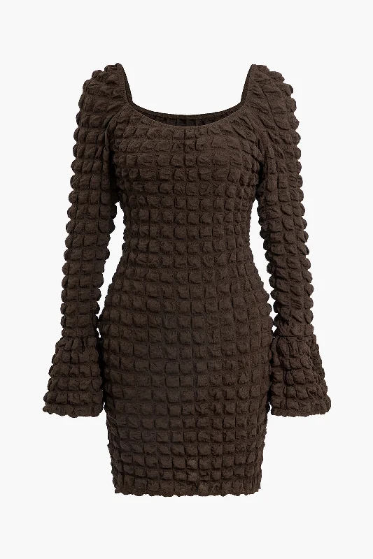 mini dresses-modern yet elegant styleTextured Long Sleeve Bell Sleeves Mini Dress